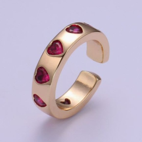 Gold Plated Chunky Cuff Ring with Clear Cubic Zirconia Heart Shaped Stones - Picture 4 of 5